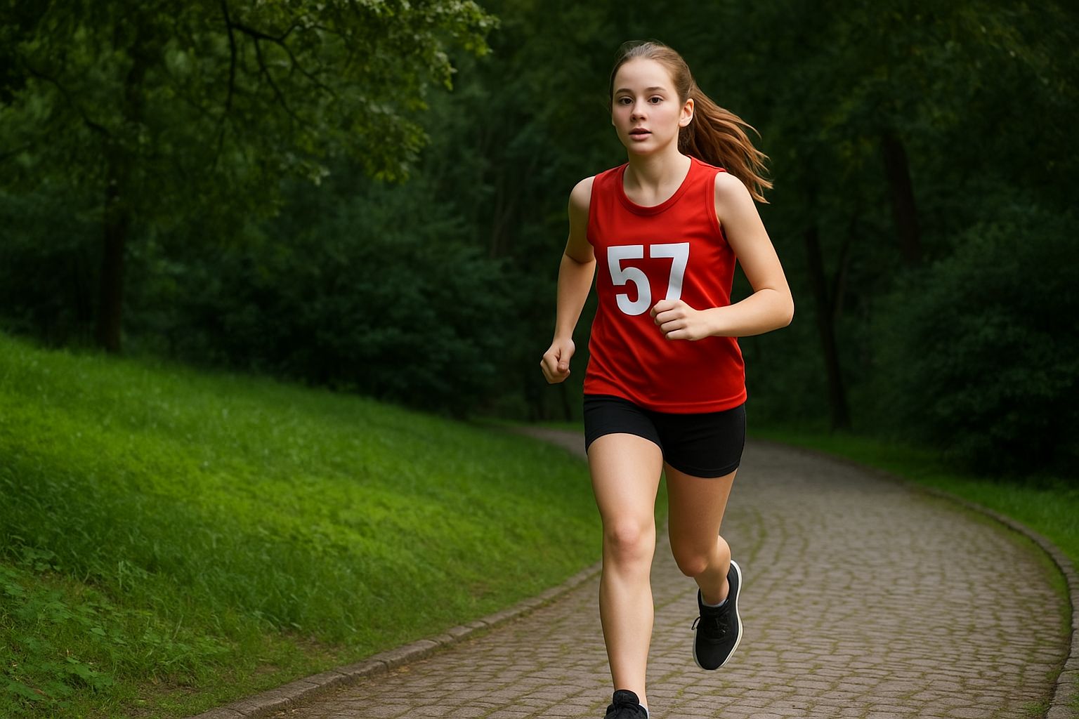 Löpare i blå tröja med tryck, springandes i skogen