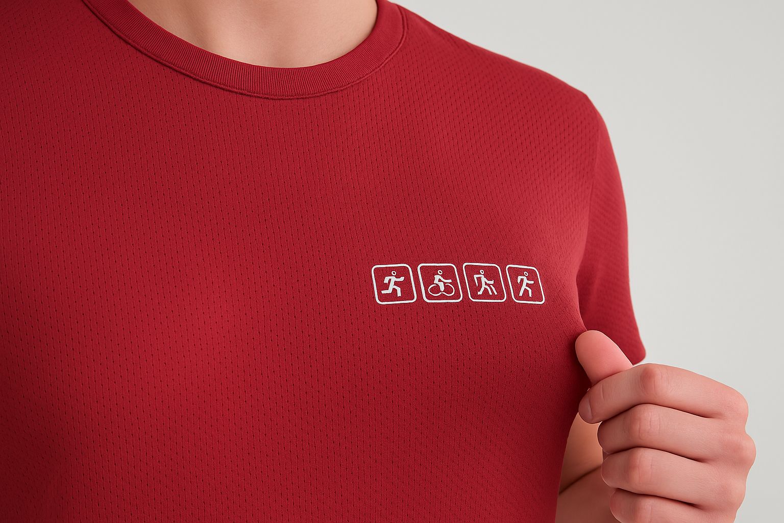 Närbild på röd löpartröja med tryck av aktivitetsikoner.