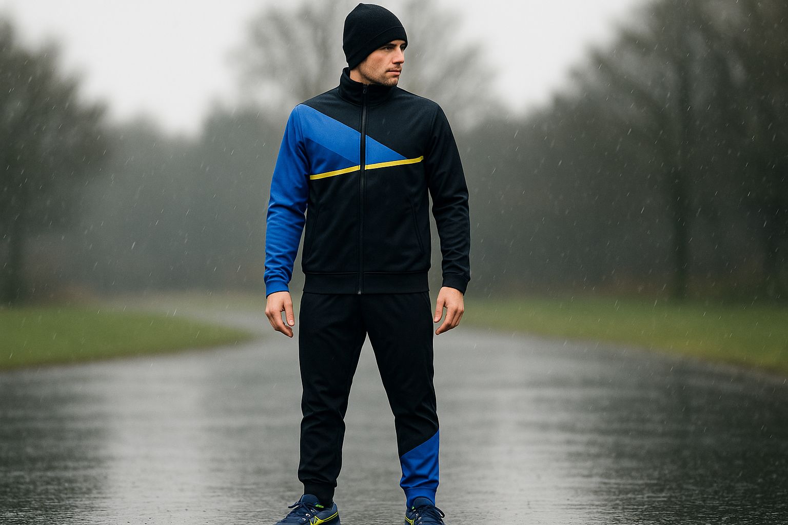 Man i svart och blå träningsställ med mössa under regn på grå väg.